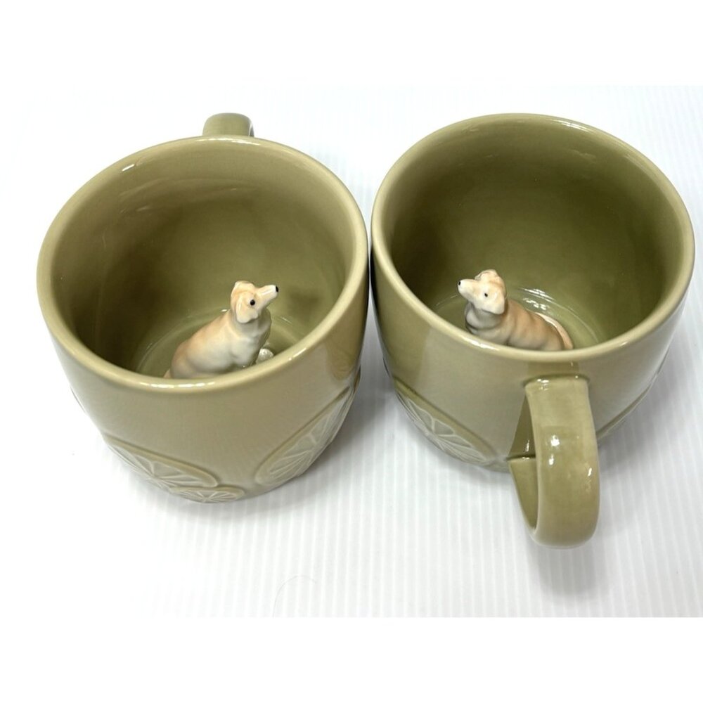 Labrador Dog Hidden 3D Ceramic Mug Sage Green Inside Figurine 2 Cups Gift-New